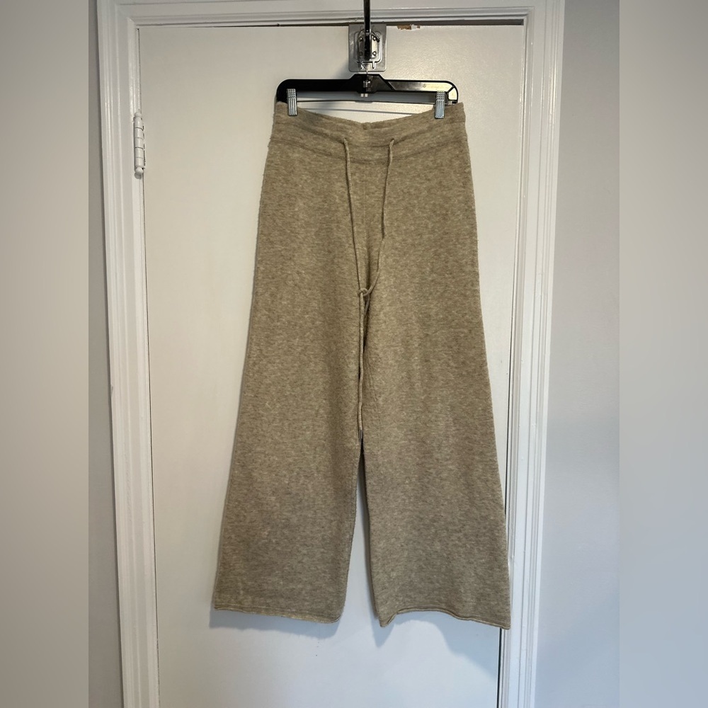 Zara tan knit Sz:M Fuzzy Wool blend Extra wide-leg lounge pants drawstring waist